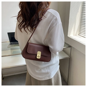 Dark brown matte leather shoulder bag with gold metal clasp shown on model