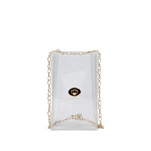 Clear PVC mini crossbody phone bag with gold chain and glitter summer design
