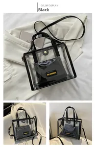 Detail of transparent PVC tote with black patent leather trim and inner zipper pouch
