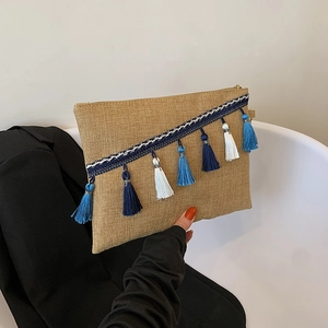 Bohemian Woven Clutch Bag For Women PU Leather Ethnic Tassel Envelope Bag Casual Travel Wristlet Makeup Beach Handbag
