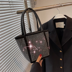 Women Trendy PU Leather Rhinestone Bucket Bag Small Handbag With Chain Strap Shiny Tote Crossbody Bag For Daily Party Fashion