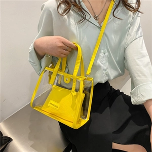 Fashionable yellow transparent PVC tote bag set with inner pouch and shoulder strap