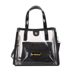 Modern transparent PVC tote bag with black inner pouch and gold-tone metal hardware