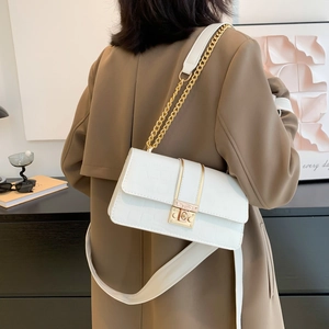 White faux crocodile pattern shoulder bag with gold chain and metal lock for women