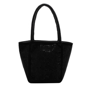 Fashionable black rhinestone bucket bag with sparkling chain and matte finish for women