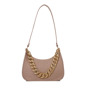 Chic light brown faux crocodile moon bag with gold chain and crossbody strap