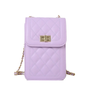 Elegant purple quilted leather shoulder bag with gold chain strap and metal lock closure