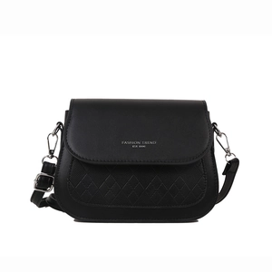 Classic black saddle crossbody bag with diamond lattice pattern and silver lettering logo