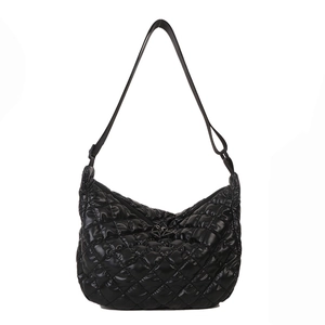 Minimalist black quilted dumpling shoulder bag with glossy finish and rhombus pattern