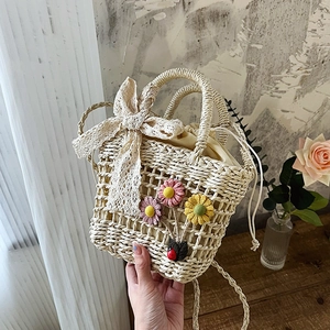 Handmade Straw Woven Shoulder Bag For Women Vintage Pastoral Style With Lace Bow And Floral Decoration Summer Vacation Handbag