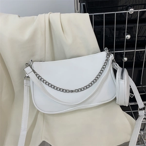 Women's Fashion PU Leather Underarm Bag Half Moon Hobo Shape With Silver Chain And Detachable Round Coin Purse Crossbody Bag