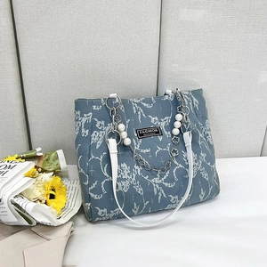 Sac Fourre-tout en Toile Mode pour Femmes Grande Capacité Motif Floral Étoile Sac à Bandoulière Avec Décoration Chaîne de Künstliche Perles