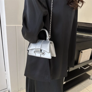 Chic silver mini crossbody bag with metal chain strap shown on black blazer suit