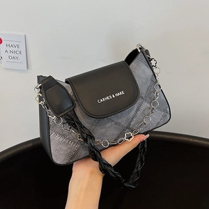 Fashion PU Denim Texture Underarm Bag For Women Vintage Rhombus Stitching Shoulder Bag With Flower Chain Braided Strap