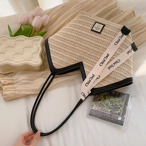 Women Large Capacity Straw Tote Bag Retro V-Shaped Woven Shoulder Bag With Letter Ribbon Casual Beach Travel Handbag