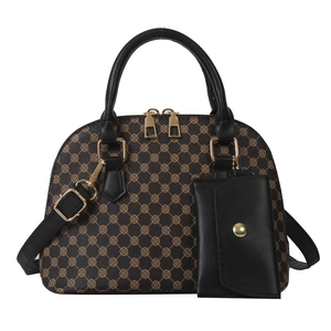 Brown printed handbag and crossbody bag set with gold clover pattern and black straps