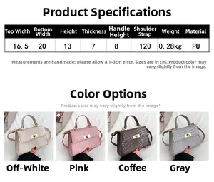 Size guide for crocodile pattern PU leather crossbody bag showing dimensions and colors