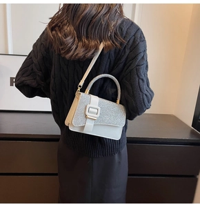 Detail of silver glitter flap and beige leather crossbody square bag on black sweater