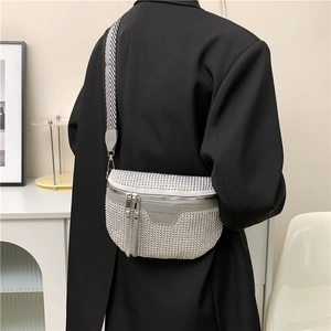 Chic silver rhinestone crossbody bag for women with striped strap and dual zippers