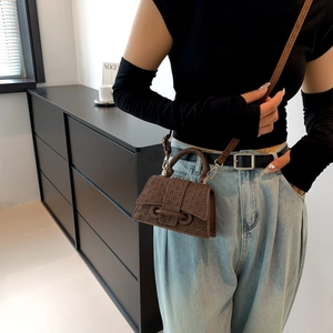Chic brown woven mini handbag for women with top handle and crossbody strap