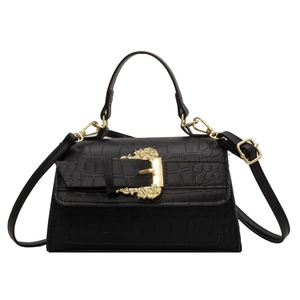 Chic black crocodile embossed handbag with gold baroque buckle for women fashion