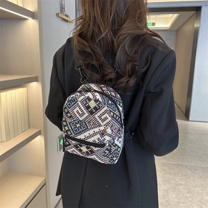 Ethnic style mini backpack with colorful geometric weaving and adjustable straps