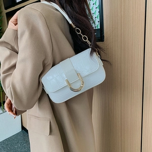 Chic white crocodile pattern underarm bag with gold U-buckle for office commuting