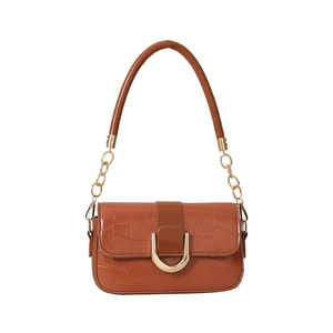 Brown crocodile embossed underarm bag with gold chain handle and vintage U-shaped buckle