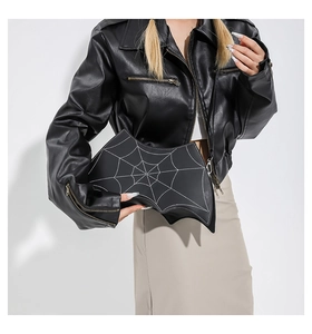 Detail shot of black gothic bat-shaped PU handbag with white spiderweb stitching decoration