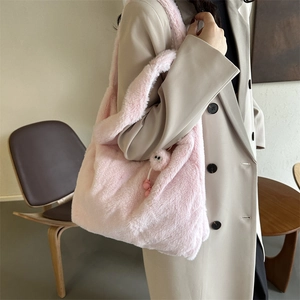 Sac fourre-tout chic en peluche rose avec pendentif, grand sac à bandoulière automne-hiver