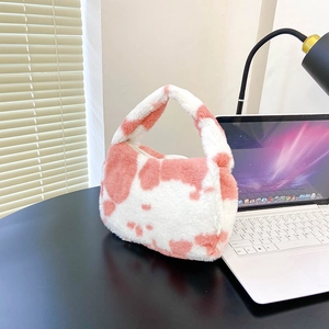 Sac à Main en Peluche Mignon Motif Vache Imprimé Floral Petit Sac d'Aisselle Pour Femmes Mode Automne Hiver Streetwear