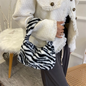 Faux fur zebra pattern handbag for women, casual autumn style shoulder armpit bag