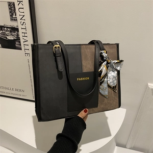 Fashion PU Leather Color Block Tote Bag With Decorative Silk Scarf Large Capacity Casual Shoulder Handbag For Women