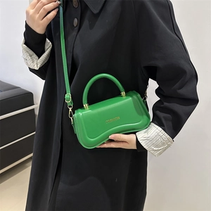 Retro green leather tote handbag with gold fashion print and adjustable strap