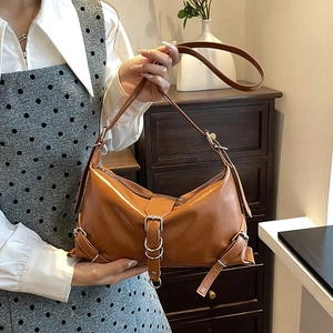 Trendy Women Glossy PU Leather Underarm Shoulder Bag Vintage Moto Style Solid Color Handbag With Metal Buckle Crossbody Bag