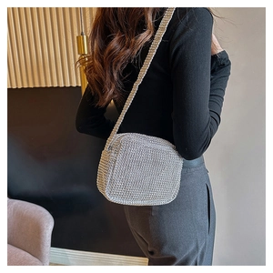 Detail of silver rhinestone crossbody bag worn by a model for elegant party style