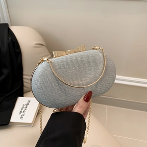 Elegant Oval Glitter Evening Clutch Bag For Women With Gold Bow Knot Clasp Detachable Chain Strap Wedding Party Handbag