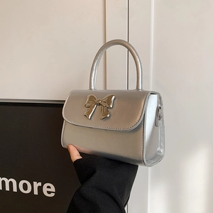 Women's Fashion PU Leather Handbag Bow Decor Square Shoulder Crossbody Bag Sweet Ladylike Style Small Party Purse Tote