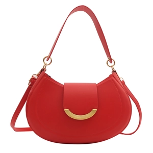 Retro red semi-circular saddle bag with golden metal buckle and adjustable strap