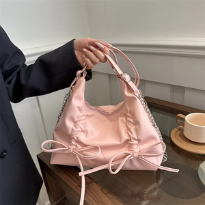 Fashion Bow Pleated Backpack For Women Sweet PU Leather Tote Bag With Silver Chain Stylish Daily Crossbody Bag For Ladies