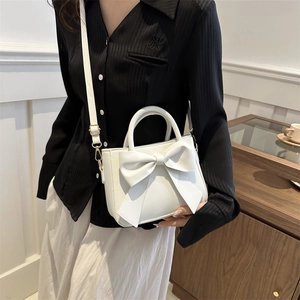 White crossbody bag with oversized bow, handheld pu leather fashion square bag for women