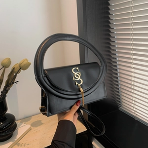 Damen PU Leder Kleine Quadratische Tasche Mit Großem Rundem Griff Gold SS Metall Logo Quaste Umhängetasche Handtasche Street Style Alltag