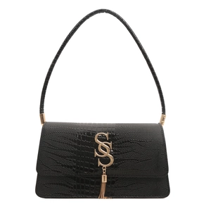 Minimalist black crocodile pattern shoulder bag with gold logo and tassel accent