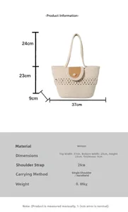 Detailed dimensions of the woven tote bag with leather flap and pearl accent