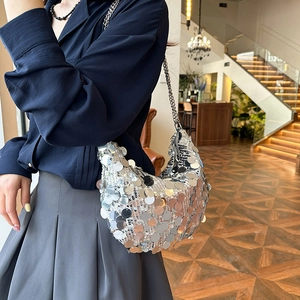 Chic silver sequin crescent hobo bag with metal chain strap for party and evening wear
