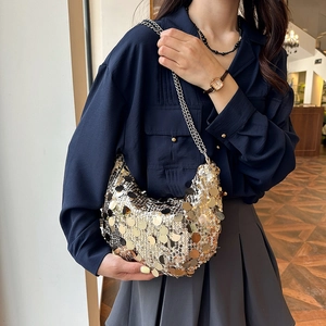 Sequin half-moon crossbody bag with silver chain strap for women in gold and silver