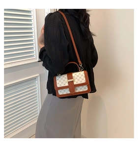 Retro monogram crossbody bag with brown leather trim and golden hardware buckle detail