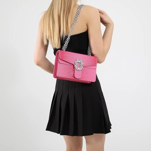 Rose pink crocodile embossed leather crossbody bag with sparkling rhinestone buckle
