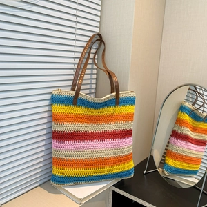Sac Cabas en Paille Tissée Bohème pour Femmes Plage d'Été à Rayures Colorées Sac à Bandoulière de Grande Capacité