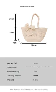 Tableau des tailles détaillé pour le sac panier en paille avec nœud et dimensions exactes